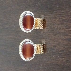 Vintage Estate Goldtone Large Brown Lucite Oval Braided Edge Mesh Wrap Cufflinks